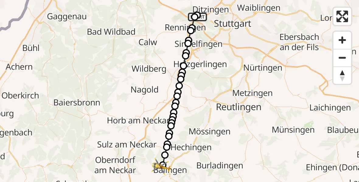 Flugroute Rettungshubschrauber Leonberg Hospital - Geislingen, 17 März 2026, 10:40