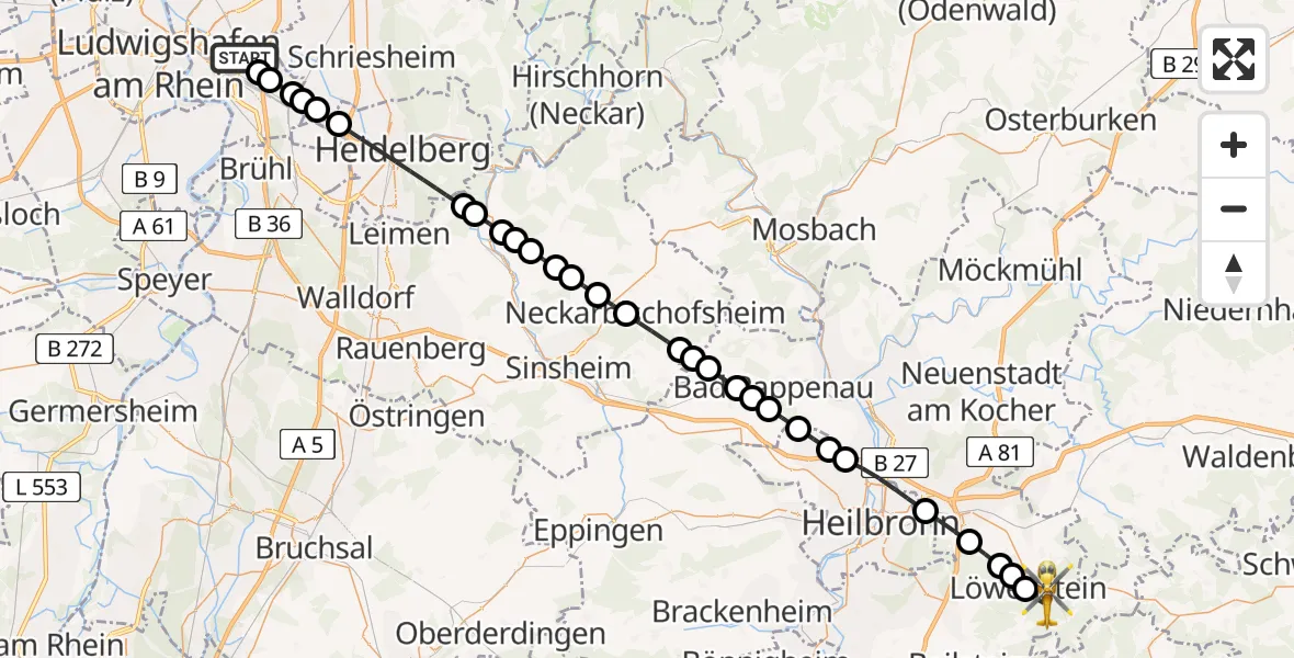 Flugroute Rettungshubschrauber Mannheim-City Airport - Löwenstein, 17 März 2026, 10:41