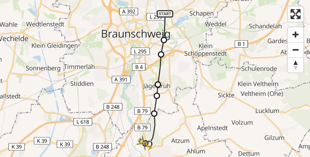 Flugroute Rettungshubschrauber Wabe-Schunter-Beberbach - Wolfenbüttel Municipal Hospital Heliport (Christoph 30), 17 März 2026, 10:41