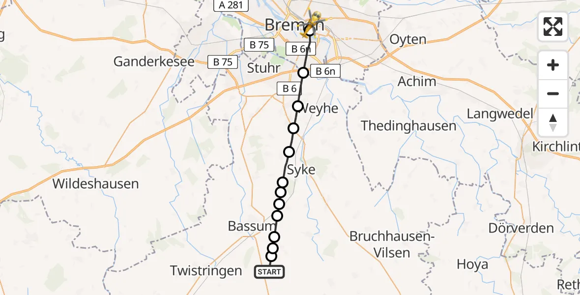Flugroute Rettungshubschrauber Bassum - Bremen-Ost, 17 März 2026, 10:46