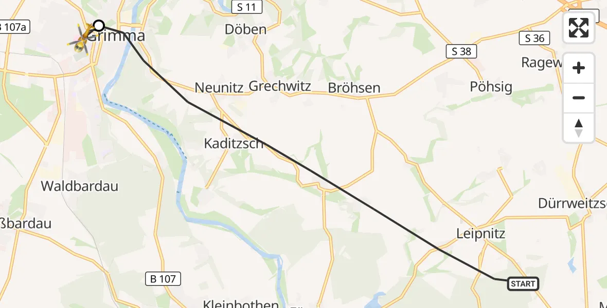 Flugroute Rettungshubschrauber Grimma - Grimma Hospital, 17 März 2026, 10:48