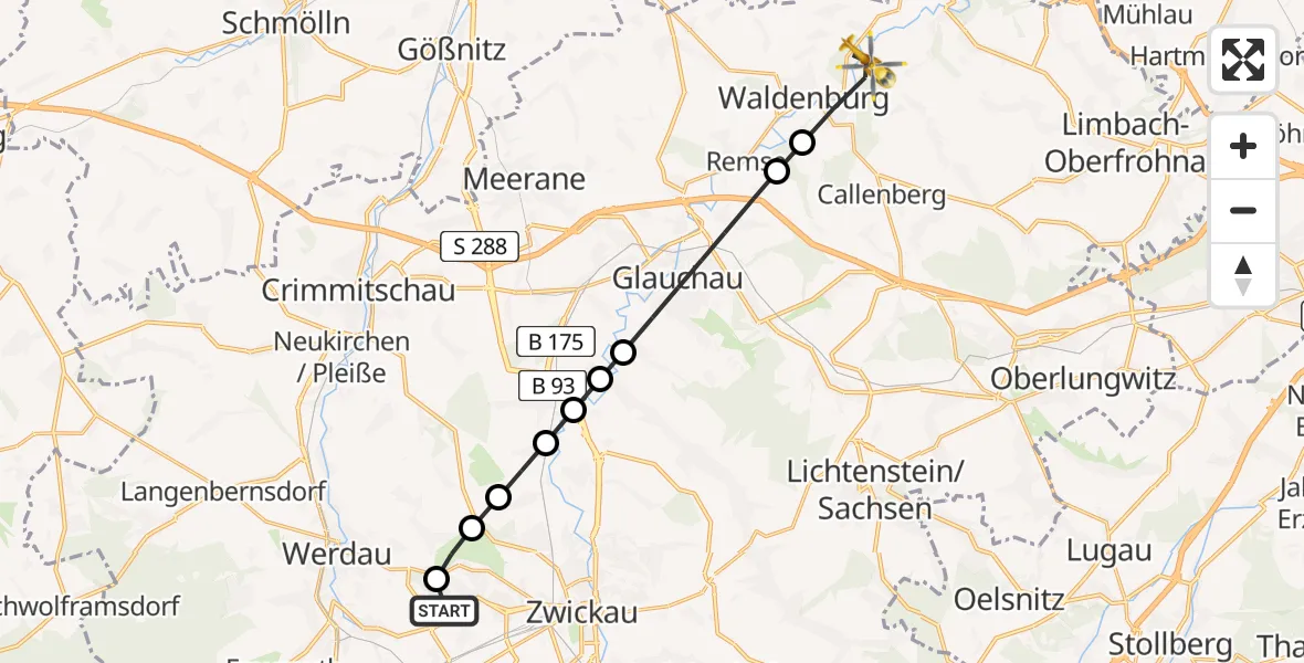 Flugroute Rettungshubschrauber ADAC Air Rescue Station Zwickau Heliport - Waldenburg, 17 März 2026, 10:49