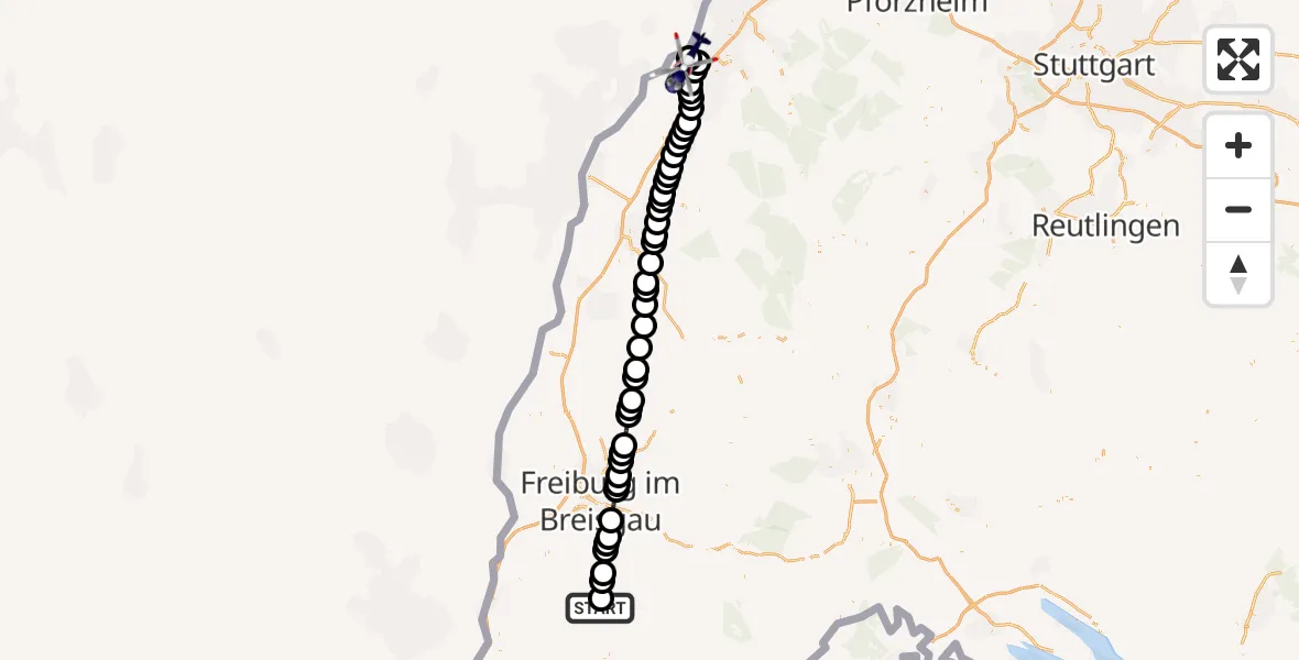 Routekaart van de vlucht: Polizeihubschrauber nach Karlsruhe Baden-Baden Airport