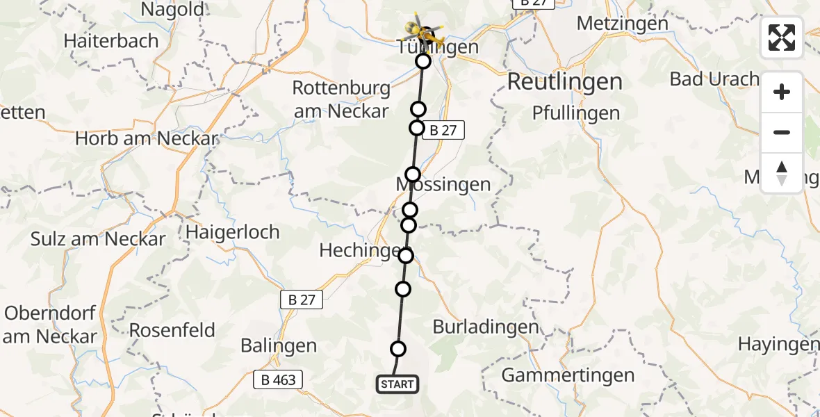 Routekaart van de vlucht: Rettungshubschrauber nach Tübingen University Hospital