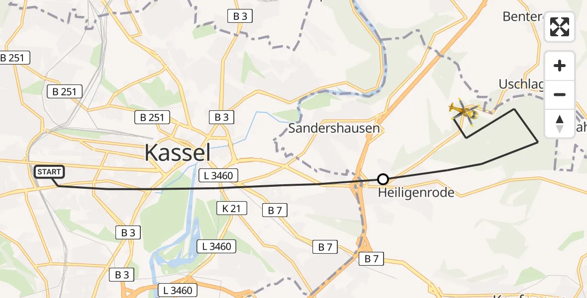 Flugroute Rettungshubschrauber Kassel - Heiligenrode, 17 März 2026, 11:00