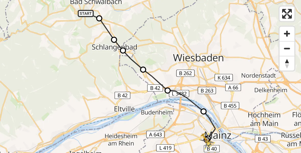 Routekaart van de vlucht: Ambulanzhubschrauber nach Mainz University Hospital