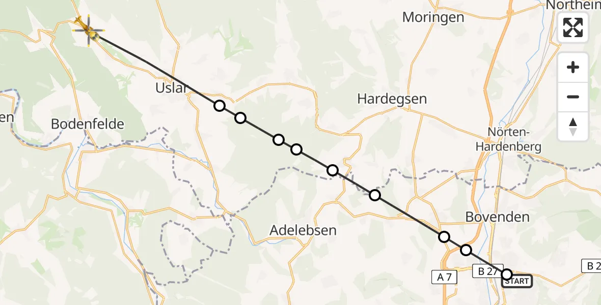 Flugroute Rettungshubschrauber Göttingen University Clinic Heliport - Uslar, 17 März 2026, 11:08
