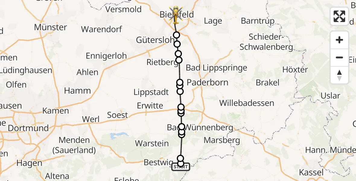 Flugroute Rettungshubschrauber Elleringhausen - Bielefeld, 17 März 2026, 11:10