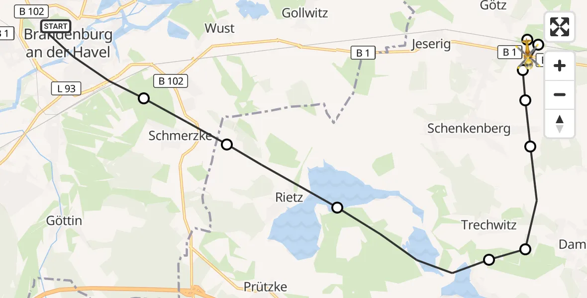 Flugroute Rettungshubschrauber Brandenburg an der Havel - Götz, 17 März 2026, 11:13
