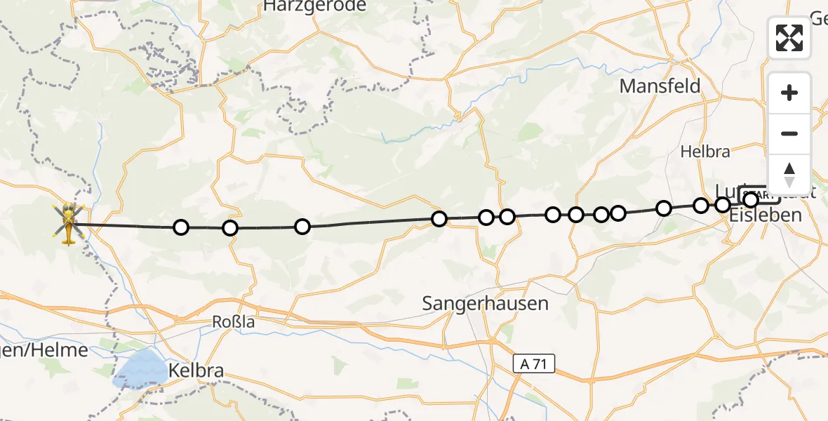 Flugroute Rettungshubschrauber Helios Hospital Lutherstadt Eisleben - Stempeda, 17 März 2026, 11:16