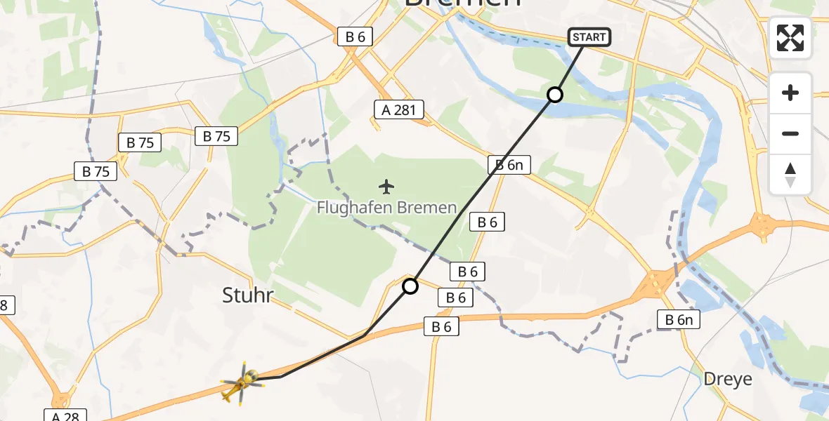 Flugroute Rettungshubschrauber Bremen-Ost - Stuhr, 17 März 2026, 11:18