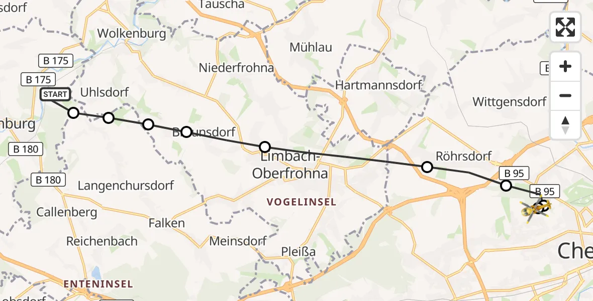 Flugroute Rettungshubschrauber Waldenburg - Flemmingstraße Hospital Ground, 17 März 2026, 11:21