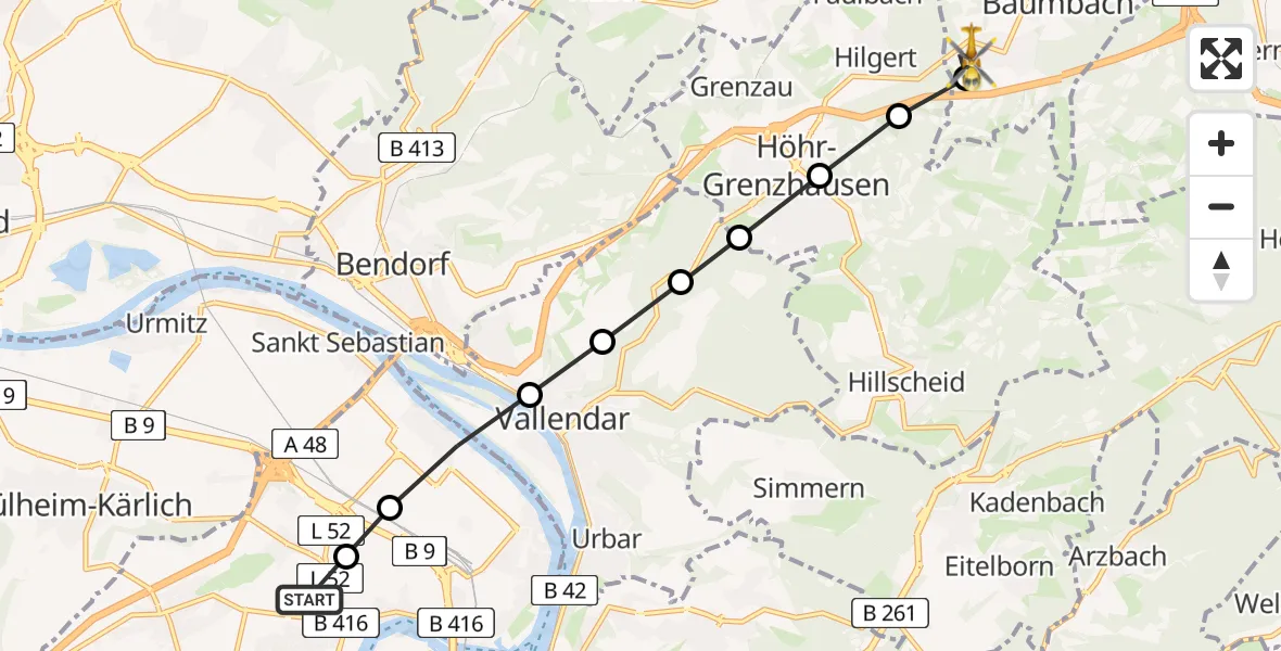 Flugroute Rettungshubschrauber Koblenz - Ransbach-Baumbach, 17 März 2026, 11:28