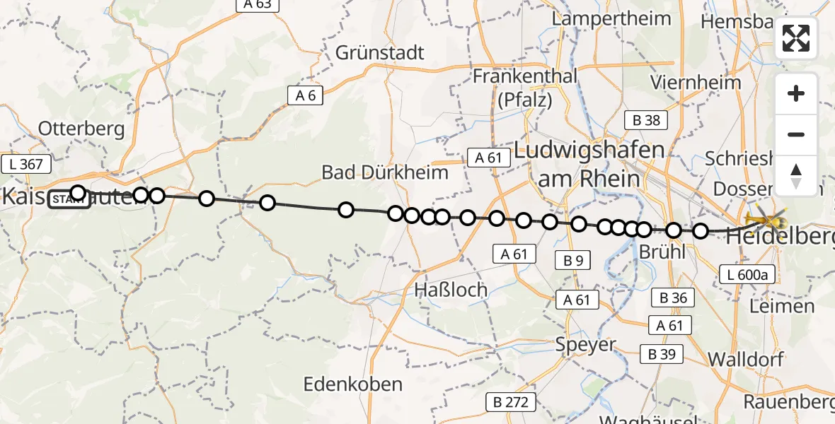 Flugroute Rettungshubschrauber Westpfalz Hospital Kaiserslautern - Heidelberg, 17 März 2026, 11:31