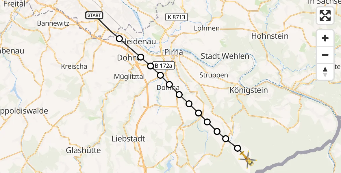 Flugroute Rettungshubschrauber Prohlis - Rosenthal, 17 März 2026, 11:33