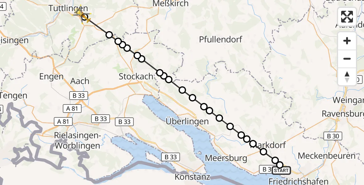 Flugroute Rettungshubschrauber Friedrichshafen Hospital - Tuttlingen, 17 März 2026, 11:34