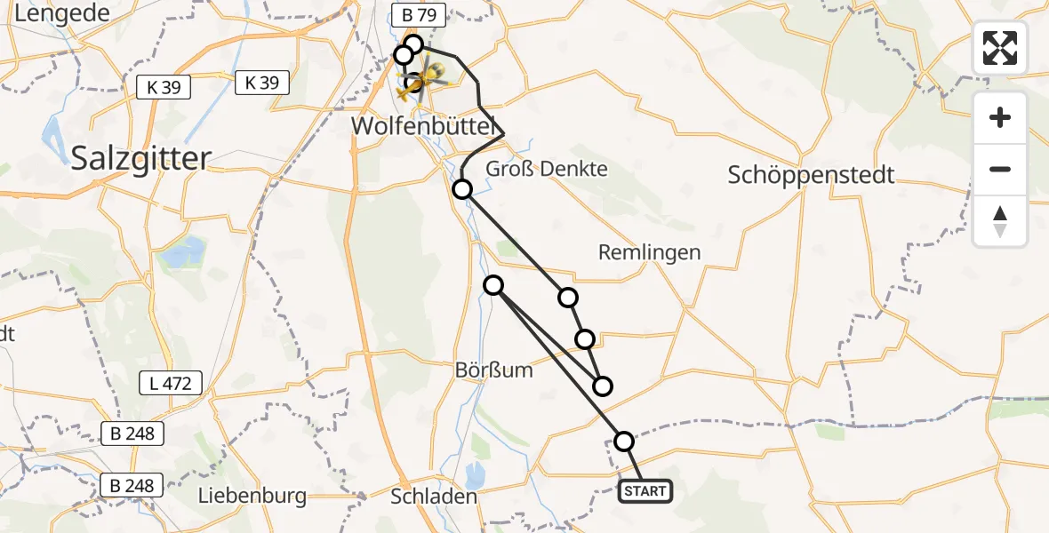 Flugroute Rettungshubschrauber Osterode am Fallstein - Wolfenbüttel Municipal Hospital Heliport (Christoph 30), 17 März 2026, 11:39