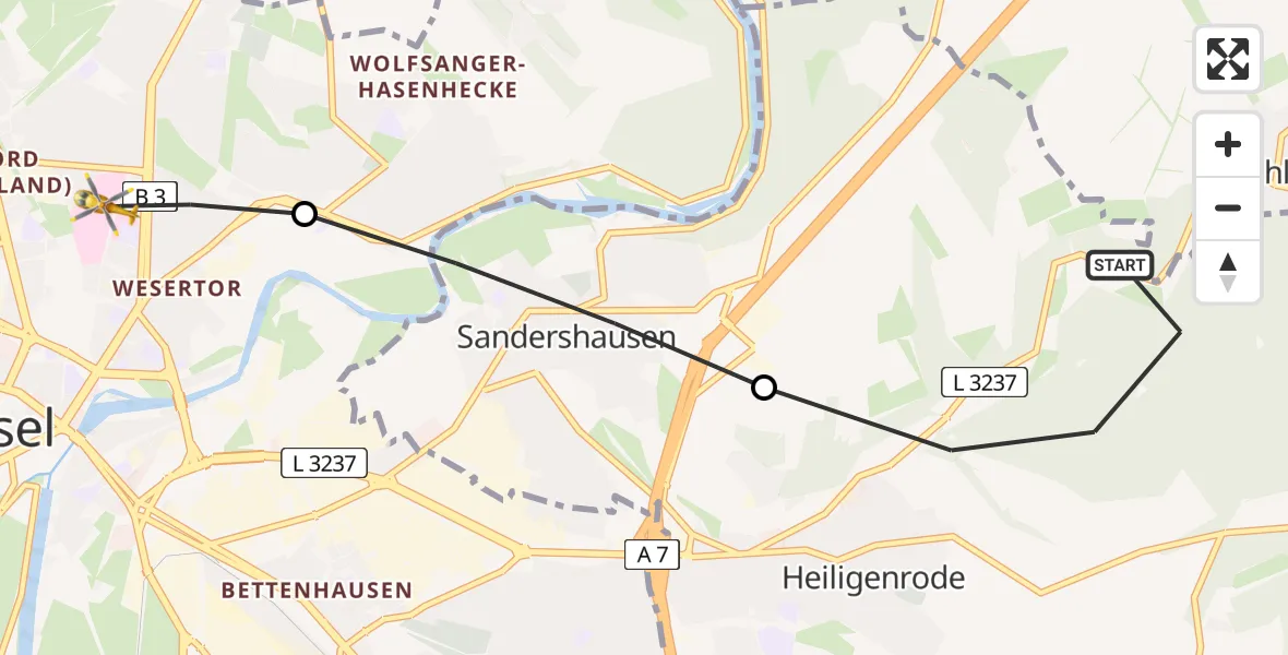 Routekaart van de vlucht: Rettungshubschrauber nach Kassel, Mönchebergstraße