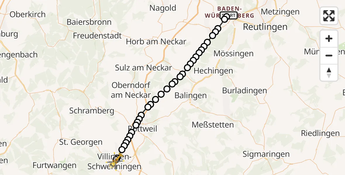 Flugroute Rettungshubschrauber Tübingen University Hospital - DRF Air Rescue Station Villingen-Schwenningen Heliport (Christoph 11), 17 März 2026, 11:47