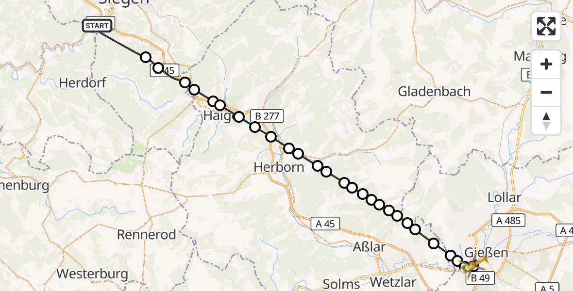Flugroute Rettungshubschrauber Siegen - Gießen, 17 März 2026, 11:49