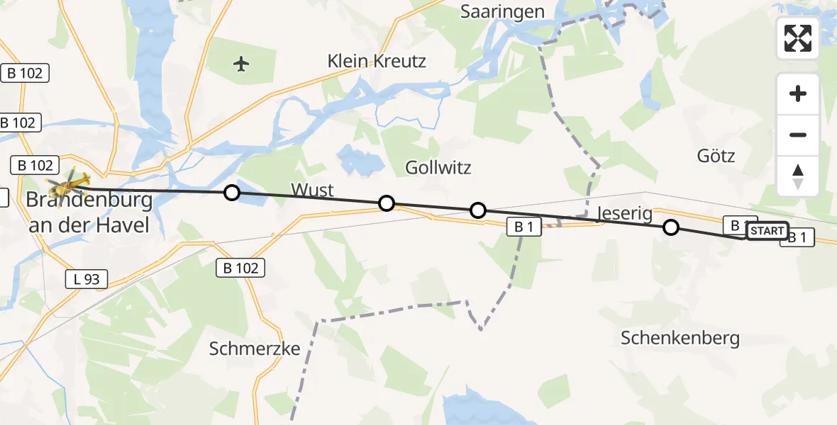 Flugroute Rettungshubschrauber Götz - Brandenburg an der Havel, 17 März 2026, 11:51
