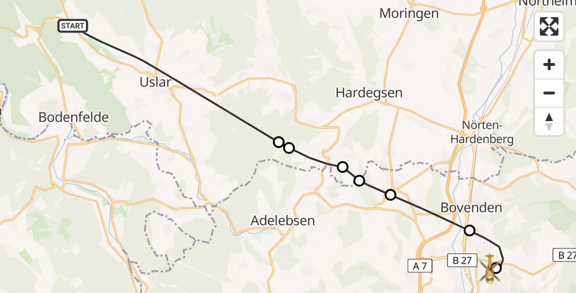 Flugroute Rettungshubschrauber Uslar - Göttingen University Clinic Heliport, 17 März 2026, 11:54