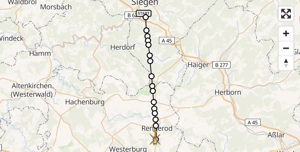 Flugroute Rettungshubschrauber Evangelisches Jung-Stilling Hospital - Waldmühlen, 17 März 2026, 12:00