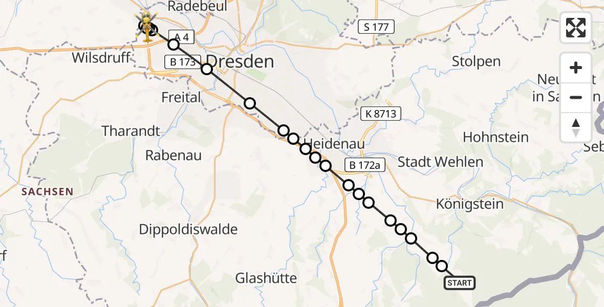 Routekaart van de vlucht: Rettungshubschrauber nach Dresden, Gustav-Voigt-Straße