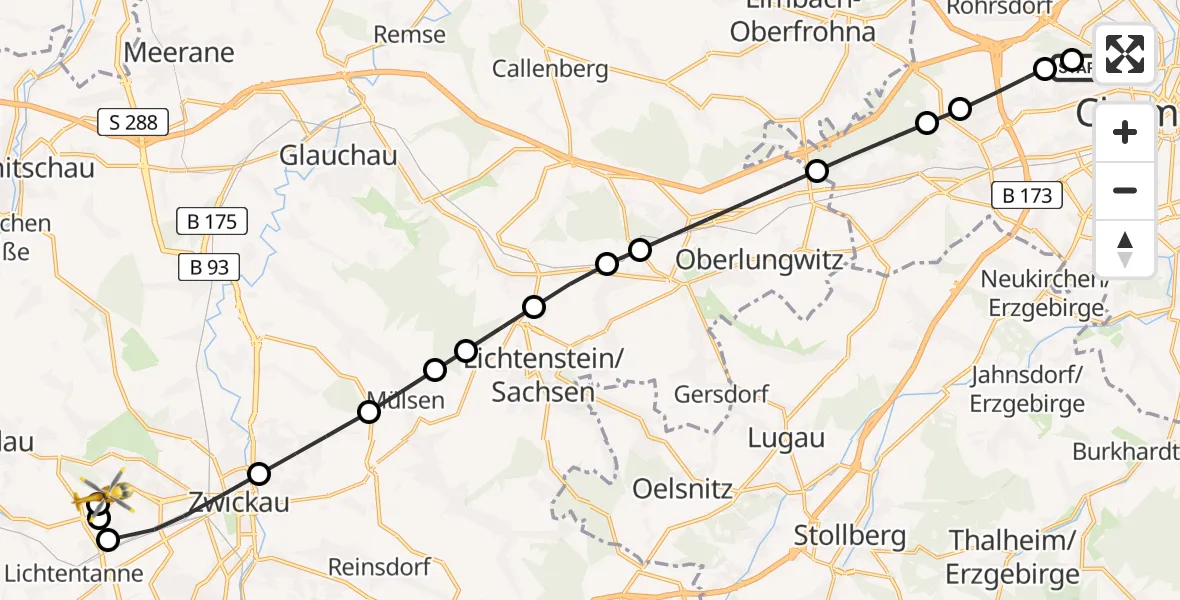 Routekaart van de vlucht: Rettungshubschrauber nach ADAC Air Rescue Station Zwickau Heliport