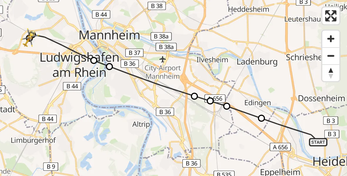 Routekaart van de vlucht: Rettungshubschrauber nach Ludwigshafen Accident Hospital