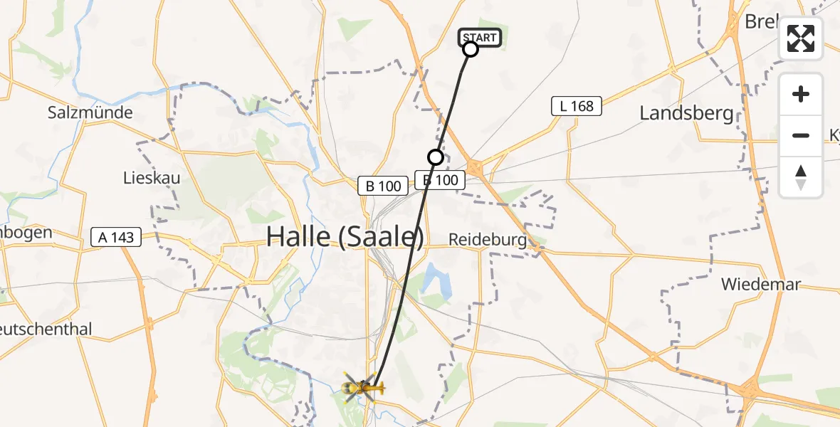 Flugroute Rettungshubschrauber Halle-Oppin Airfield - Halle (Saale), 17 März 2026, 12:17