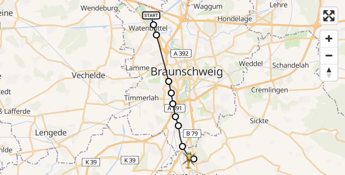Flugroute Rettungshubschrauber Nördliche Schunter-/Okeraue - Wolfenbüttel, 17 März 2026, 12:21