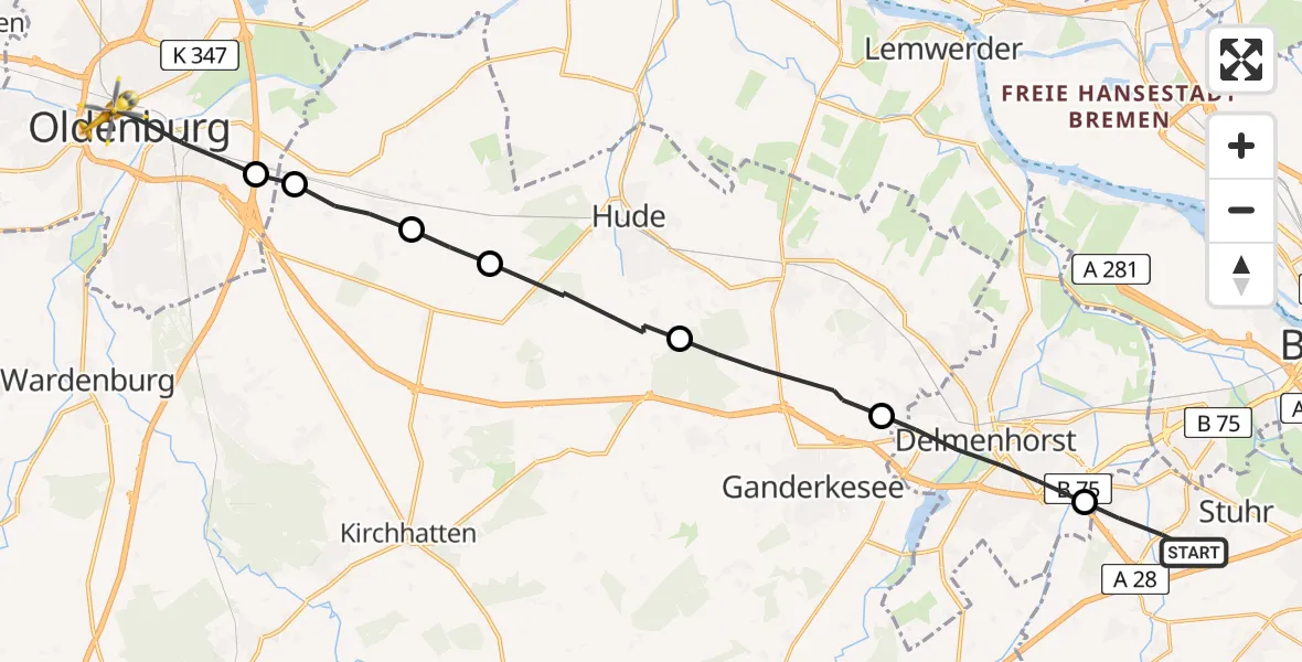 Flugroute Rettungshubschrauber Stuhr - Oldenburg, 17 März 2026, 12:28