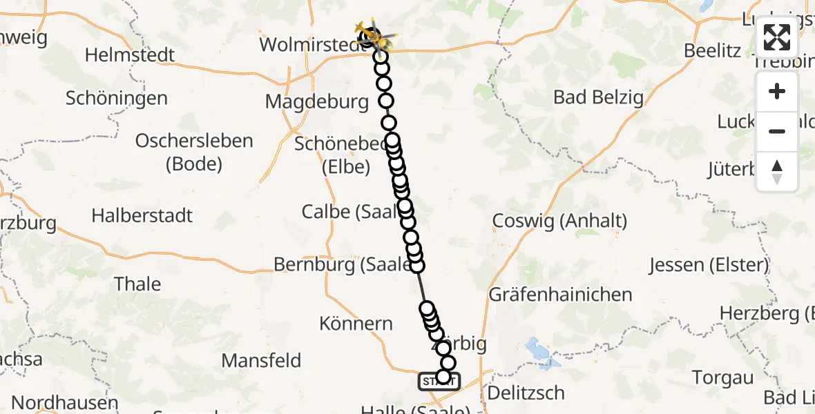 Flugroute Ambulanzhubschrauber Halle-Oppin Airfield - Jerichower Land District Hospital, 17 März 2026, 12:34