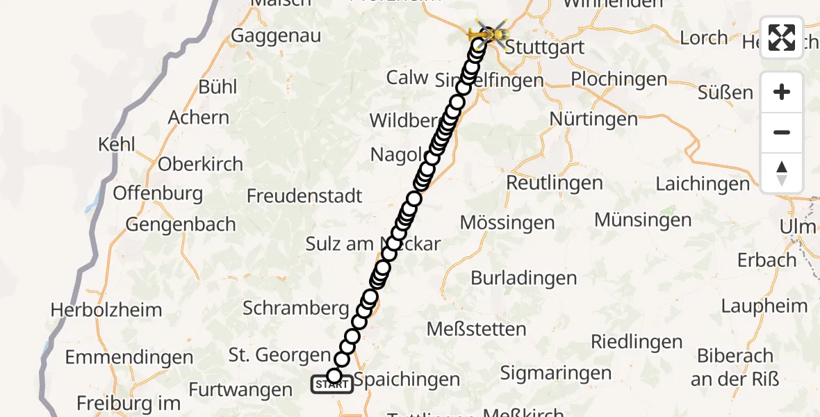 Flugroute Rettungshubschrauber DRF Air Rescue Station Villingen-Schwenningen Heliport (Christoph 11) - Leonberg Hospital, 17 März 2026, 12:39
