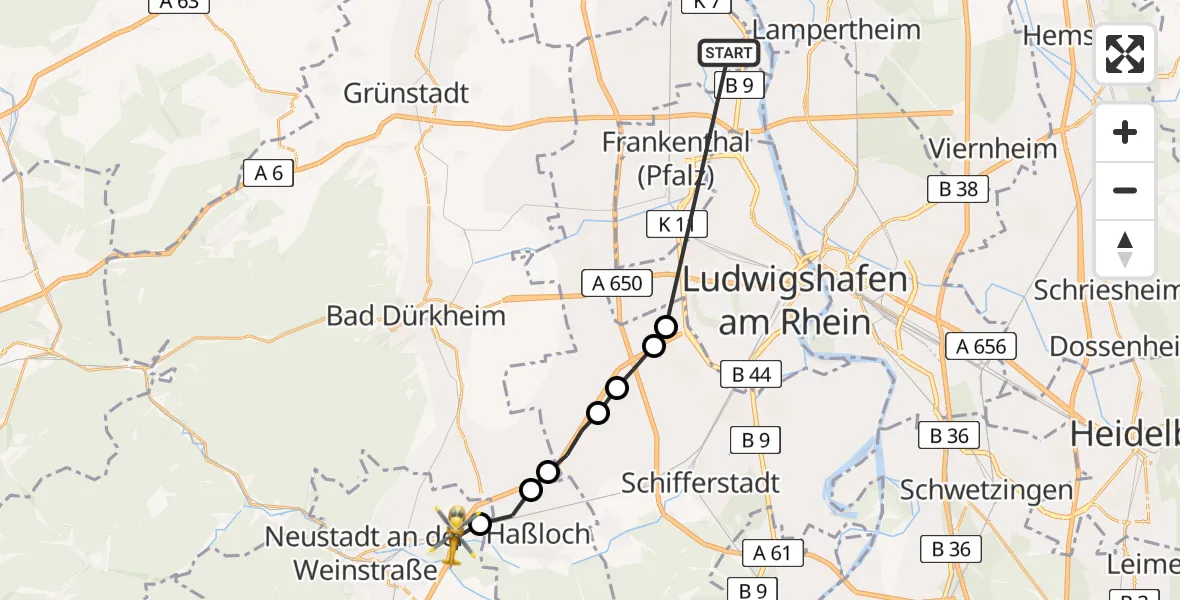 Flugroute Rettungshubschrauber Bobenheim-Roxheim - Neustadt an der Weinstraße, 17 März 2026, 12:48