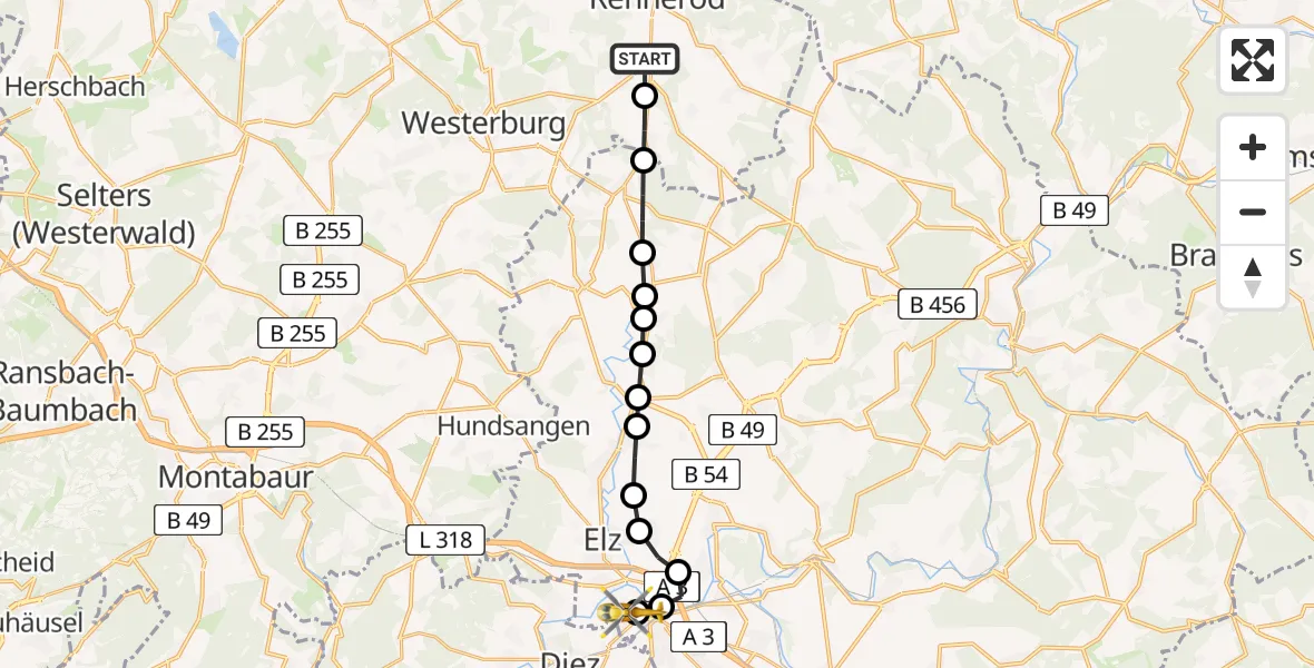 Flugroute Rettungshubschrauber Waldmühlen - Saint Vincent Hospital Limburg, 17 März 2026, 12:48
