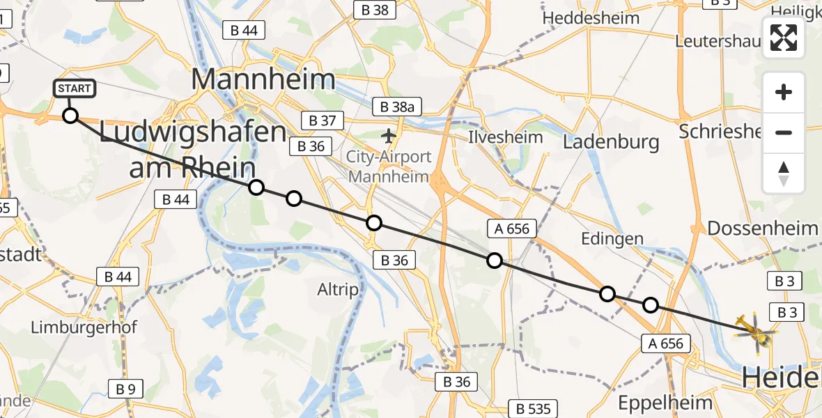 Flugroute Rettungshubschrauber Ludwigshafen Accident Hospital - Heidelberg, 17 März 2026, 12:49