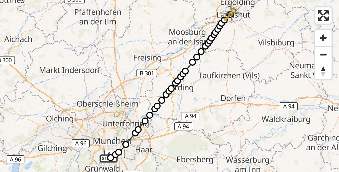 Flugroute Rettungshubschrauber ADAC Air Rescue Center Heliport (Christoph 1) - Landshut Hospital, 17 März 2026, 12:53