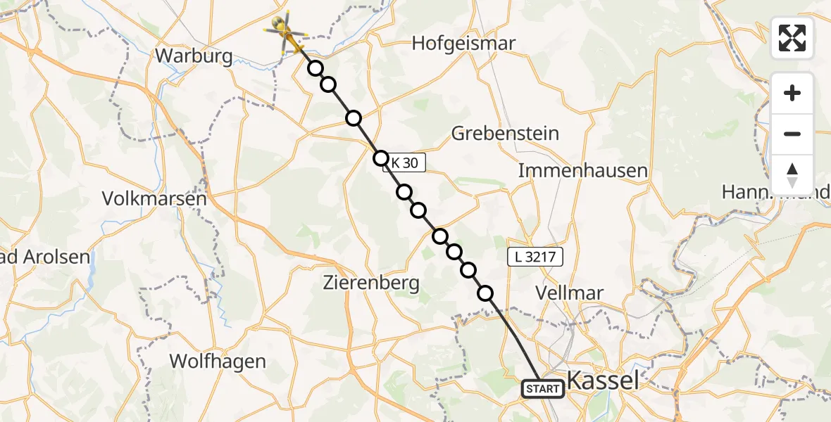 Routekaart van de vlucht: Rettungshubschrauber nach Warburg, Klingenburger Straße
