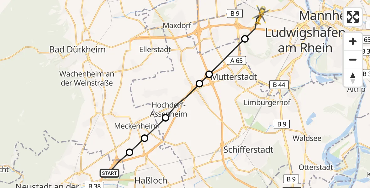 Flugroute Rettungshubschrauber Neustadt an der Weinstraße - Ludwigshafen Accident Hospital Heliport, 17 März 2026, 13:10