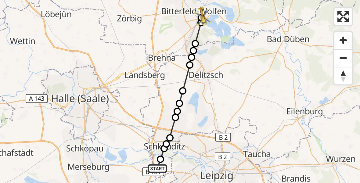 Flugroute Rettungshubschrauber Schkeuditz - Bitterfield-Wolfen Health Center Heliport, 17 März 2026, 13:11