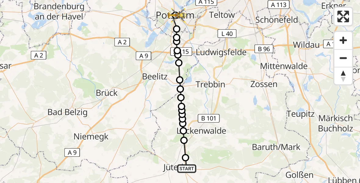 Flugroute Rettungshubschrauber Jüterbog - Ernst von Bergmann Clinic Heliport, 17 März 2026, 13:12