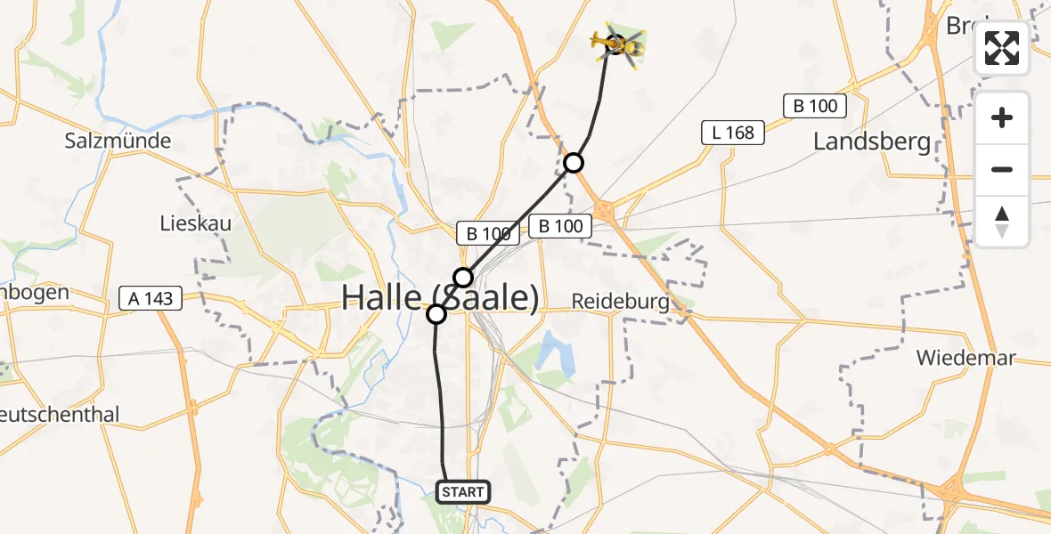 Flugroute Rettungshubschrauber Halle (Saale) - Halle-Oppin Airfield, 17 März 2026, 13:18