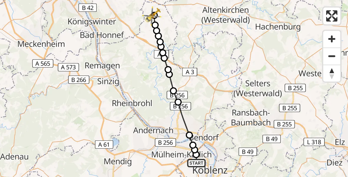 Flugroute Rettungshubschrauber Koblenz - Oberscheid, 17 März 2026, 13:24