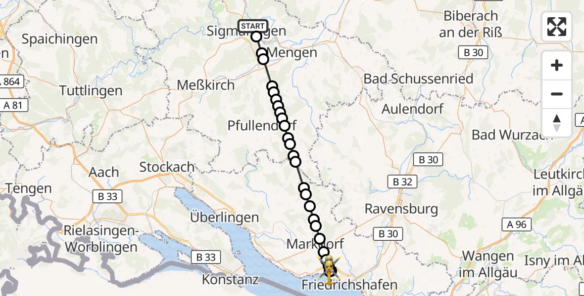 Flugroute Rettungshubschrauber Sigmaringen - Friedrichshafen Hospital, 17 März 2026, 13:25