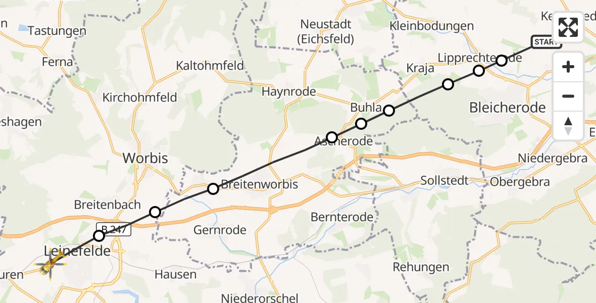 Flugroute Rettungshubschrauber Kehmstedt - Leinefelde, 17 März 2026, 13:25