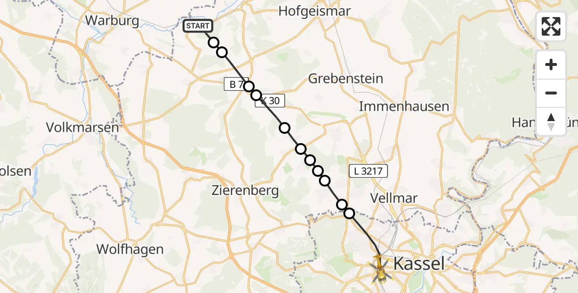 Flugroute Rettungshubschrauber Haueda - Kassel, 17 März 2026, 13:30