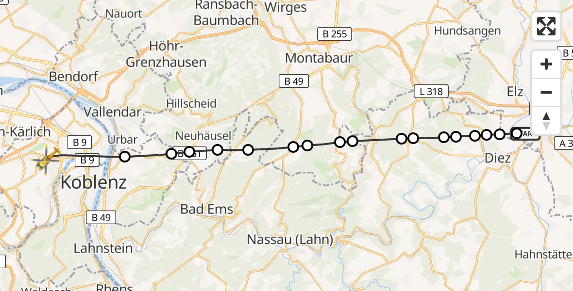Routekaart van de vlucht: Rettungshubschrauber nach Koblenz, Rübenacher Straße
