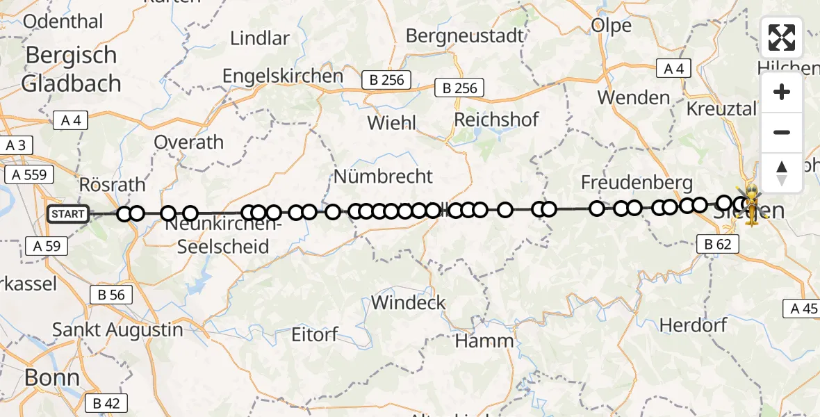 Flugroute Ambulanzhubschrauber Cologne Bonn Airport - Marien Hospital Siegen, 17 März 2026, 13:41